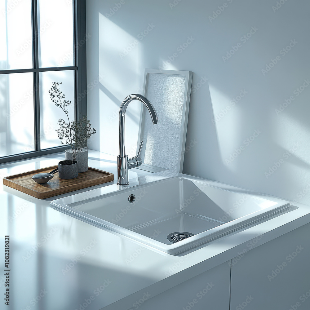 Bright Kitchen with Sink and Wooden Counter Bright Kitchen with Sink and Wooden Counter