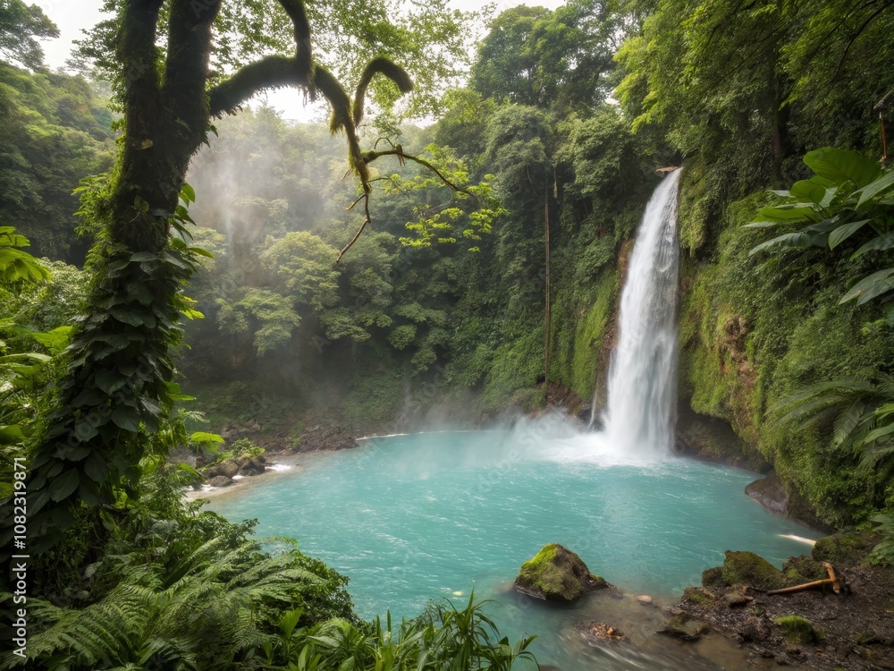 Misty Blue Waterfall Cascading into Lush Green Rainforest Pool - Serene Nature Landscape, Tranquil Oasis, Exotic Scenery, Natural Beauty, Refreshing Water, Peaceful Escape Misty Blue Waterfall Cascading into Lush Green Rainforest Pool - Serene Nature Landscape, Tranquil Oasis, Exotic Scenery, Natural Beauty, Refreshing Water, Peaceful Escape