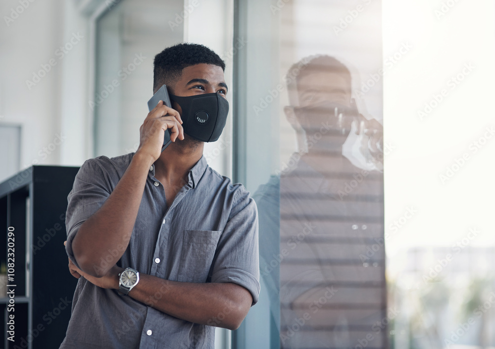 Man, mask and thinking at glass with phone call, contact or company update in pandemic. Person, business or mobile at office window with reflection, compliance advice or PPE rules for Covid 19 safety Man, mask and thinking at glass with phone call, contact or company update in pandemic. Person, business or mobile at office window with reflection, compliance advice or PPE rules for Covid 19 safety
