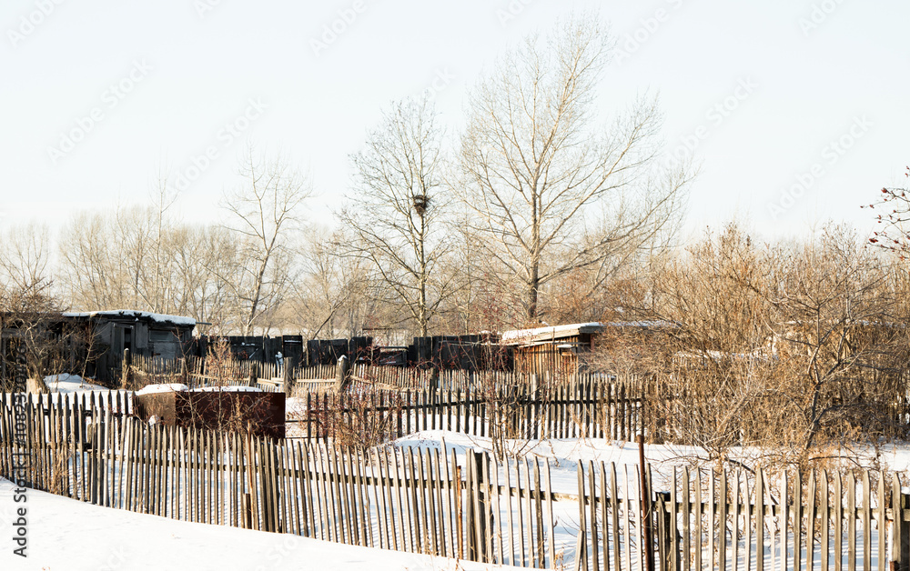 winter landscape village wooden fence snow winter landscape village wooden fence snow
