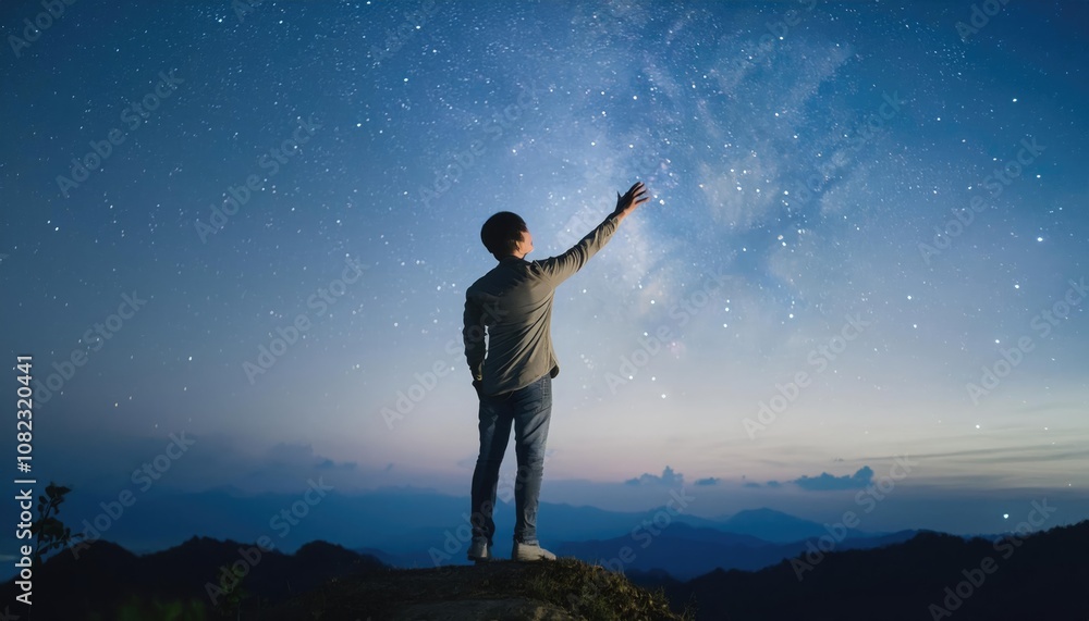 Reaching for the Stars - person standing on their tiptoes, stretching to touch stars in the sky, symbolizing ambition, dreams, and aspiration Reaching for the Stars - person standing on their tiptoes, stretching to touch stars in the sky, symbolizing ambition, dreams, and aspiration