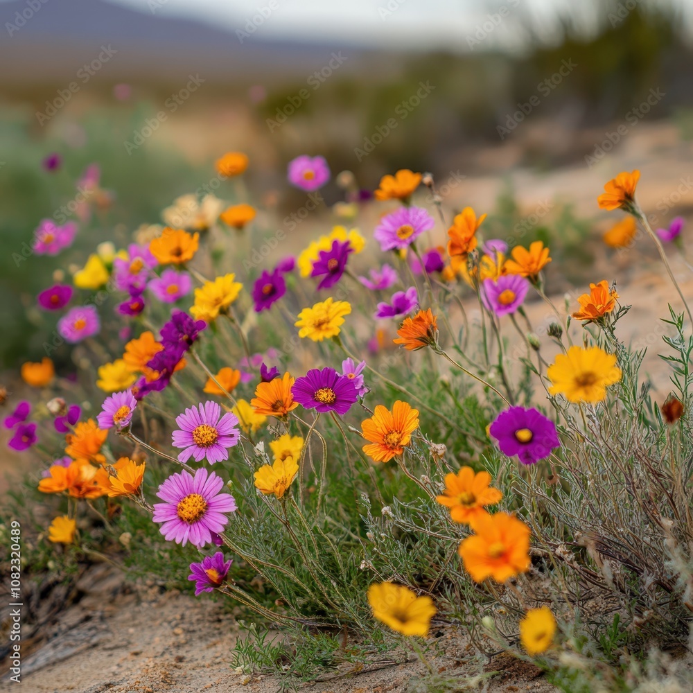 Obraz premium vibrant desert flowers standing out against the dry, sandy ground