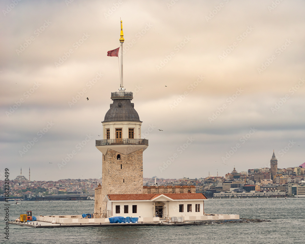 Maiden's Tower, known in Turkish as Kiz Kulesi, situated on a small islet in the Bosphorus Strait near the coast of the Uskudar district in Istanbul, Turkey Maiden's Tower, known in Turkish as Kiz Kulesi, situated on a small islet in the Bosphorus Strait near the coast of the Uskudar district in Istanbul, Turkey