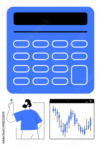 Large blue calculator with representative buttons, person pointing at a graph, and financial chart. Ideal for finance, accounting, budgeting, trading, statistics econometrics and analysis. Line