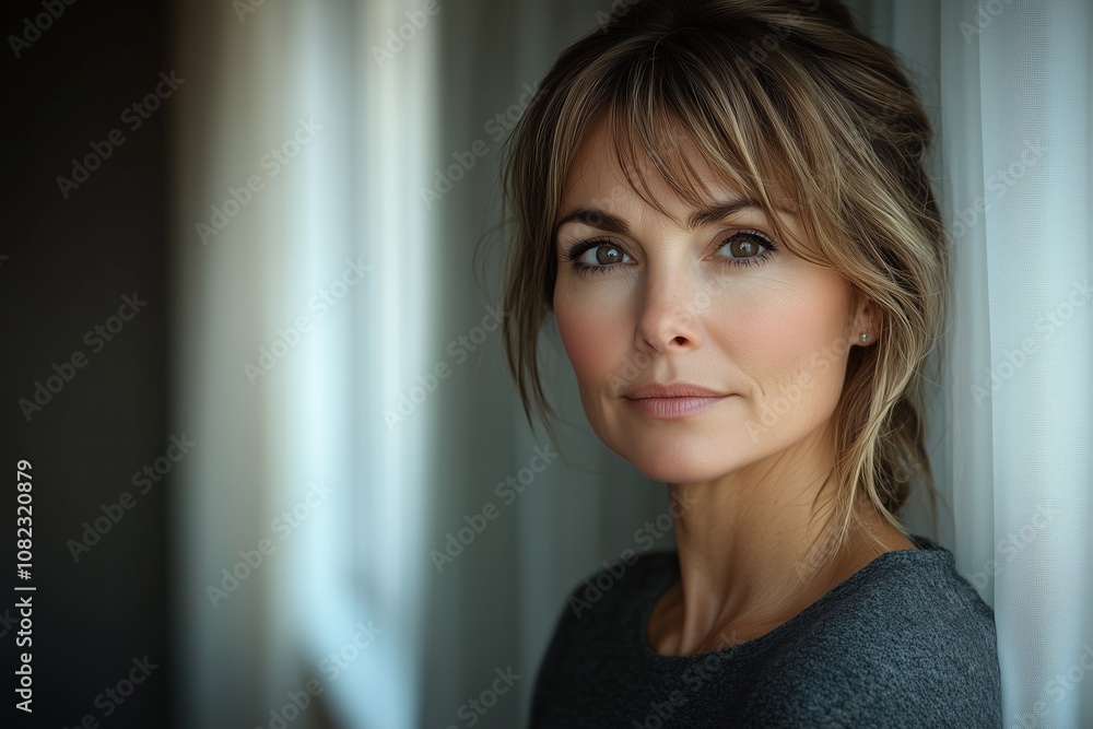 A woman gazes thoughtfully out of a window, bathed in soft morning light A woman gazes thoughtfully out of a window, bathed in soft morning light