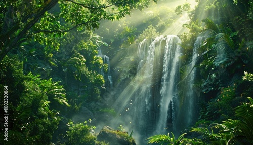 Sunbeams Illuminating a Lush Waterfall in a Tropical Rainforest