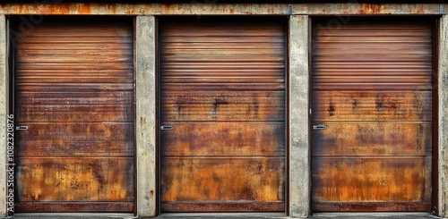 
Rustic garage door with three closed roller doors