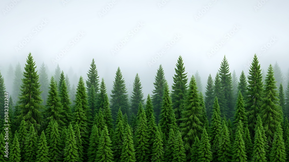 Misty Evergreen Forest Lush Coniferous Trees in Foggy Landscape Misty Evergreen Forest Lush Coniferous Trees in Foggy Landscape