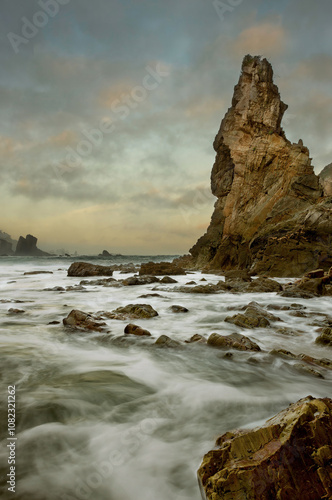 Spectacular landscape in the Cantabrian Sea with waves breaking against the rocks