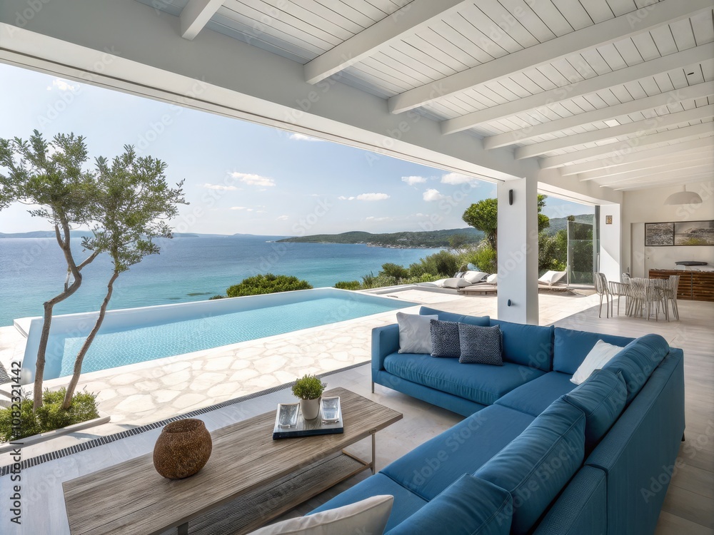 Fototapeta premium Modern Outdoor Terrace with Infinity Pool and Sea View - Panoramic Photography of White Living Room and Blue Sofa