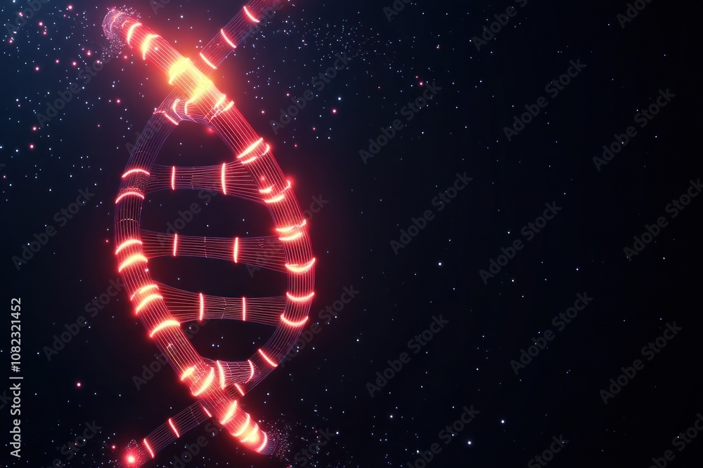 Obraz premium A glowing DNA double helix against a dark, starry background, symbolizing genetics and science.