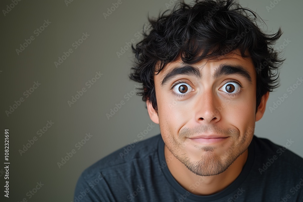 Obraz premium Surprised young man with curly hair in a casual setting expressing curiosity and amazement