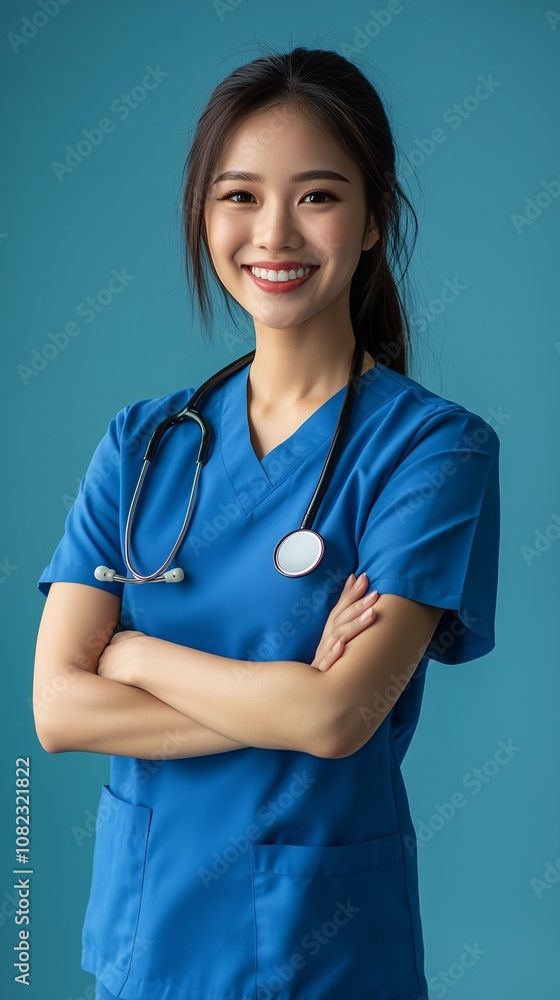 Confident Smiling Asian Nurse with Arms Crossed, Solid Turquoise Background, Healthcare Professional, Medical Worker Confident Smiling Asian Nurse with Arms Crossed, Solid Turquoise Background, Healthcare Professional, Medical Worker