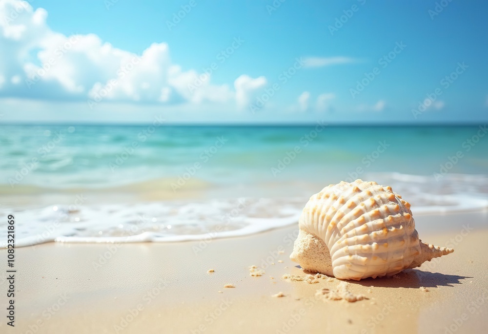 A large seashell on a sandy beach with the ocean and blue sky in the background A large seashell on a sandy beach with the ocean and blue sky in the background