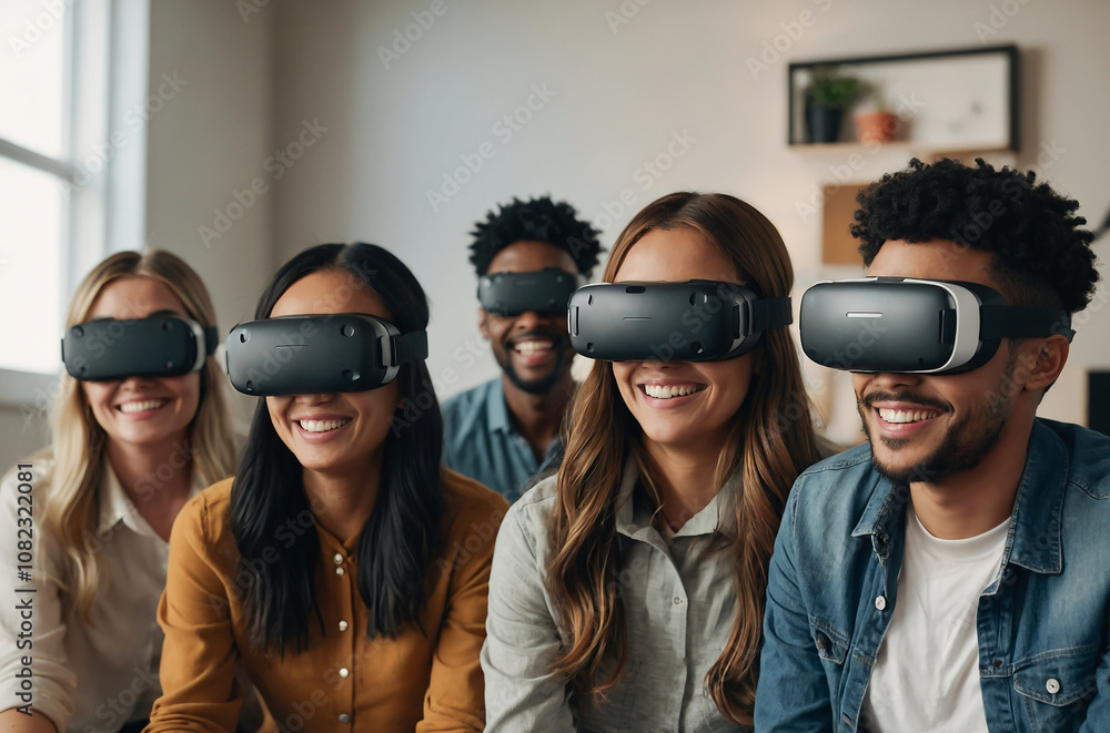 Diverse group of people smiling and connecting through virtual reality headsets Diverse group of people smiling and connecting through virtual reality headsets