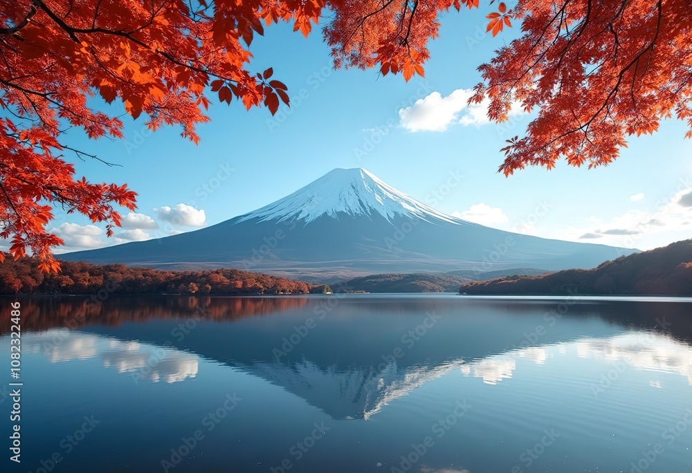 A snow-capped Mount Fuji reflected in a calm lake surrounded by autumn foliage A snow-capped Mount Fuji reflected in a calm lake surrounded by autumn foliage