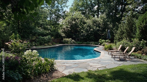 A tranquil swimming pool surrounded by lush greenery in a residential backyard on a sunny afternoon