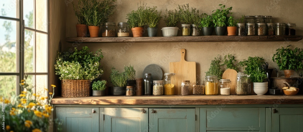 Fototapeta premium Rustic kitchen interior with wooden shelves, plants and jars.