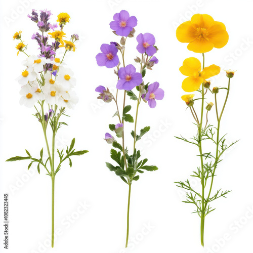 Beautiful wildflowers in various colors, including white, purple, and yellow, isolated on white background, showcasing their delicate petals and vibrant hues