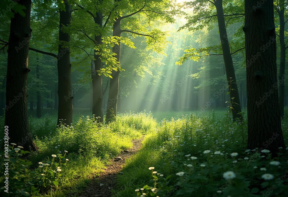 Lush green foliage of a dense forest canopy with sunlight filtering through the leaves Lush green foliage of a dense forest canopy with sunlight filtering through the leaves