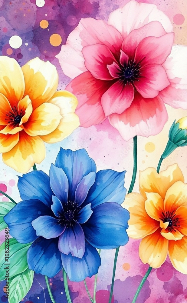 Fototapeta premium Watercolor fluid art flower background, flowers pattern