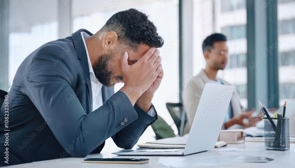 Tired businessman, stress or overworked with laptop in anxiety, depression or multitasking at office Tired businessman, stress or overworked with laptop in anxiety, depression or multitasking at office