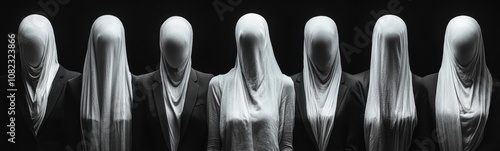 Several mannequins are lined up in a row with their heads covered, creative portrait