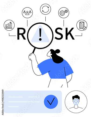 Business charts, gears, face recognition, people icons, rotation arrows, magnifying glass, clipboard. Ideal for risk management, business analysis project planning decision-making data analysis