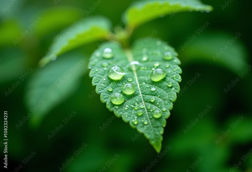 Water droplets on green leaves, blurred background Water droplets on green leaves, blurred background