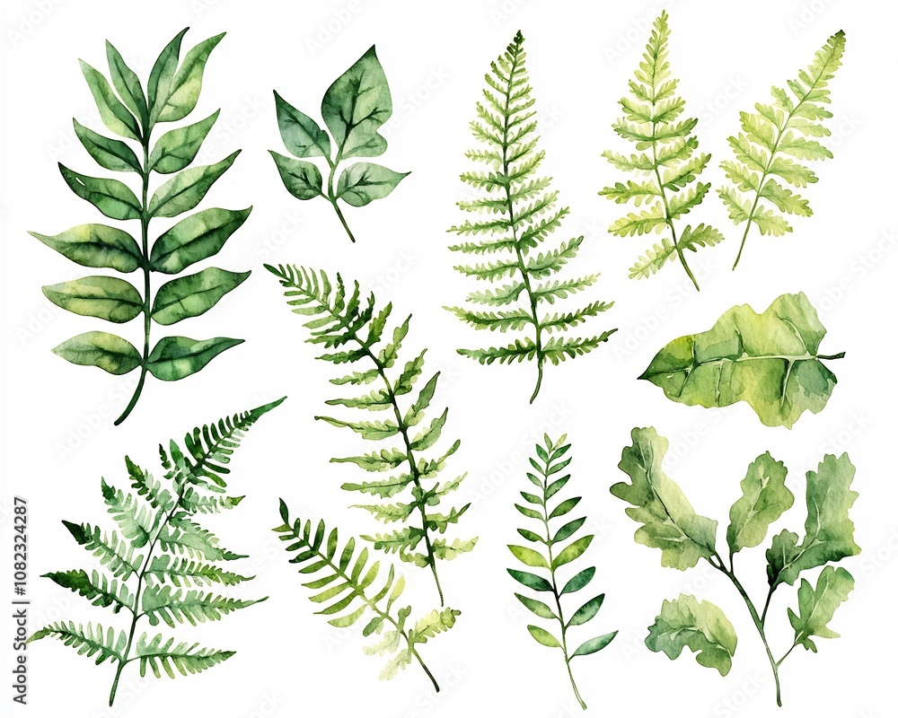 Whimsical Watercolor Collection of Various Fern Leaves on Clean White Background Whimsical Watercolor Collection of Various Fern Leaves on Clean White Background