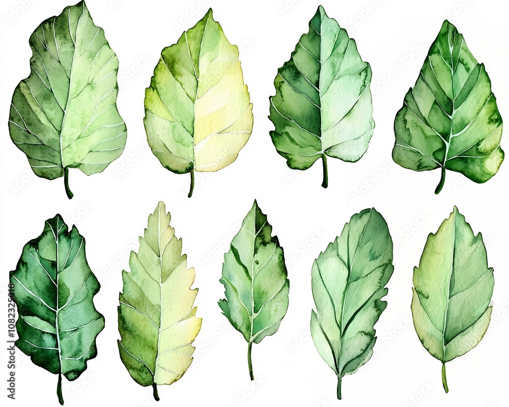 Fototapeta premium Whimsical Watercolor Cactus Leaves in Soft Shades of Green on White Background