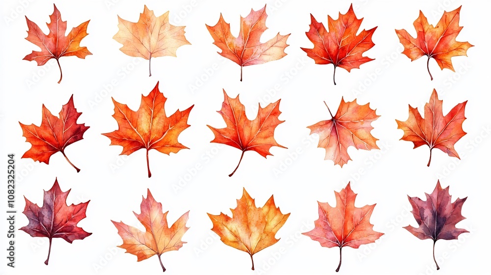 Vibrant Watercolor Maple Leaves Gradient Pattern on White Background Vibrant Watercolor Maple Leaves Gradient Pattern on White Background