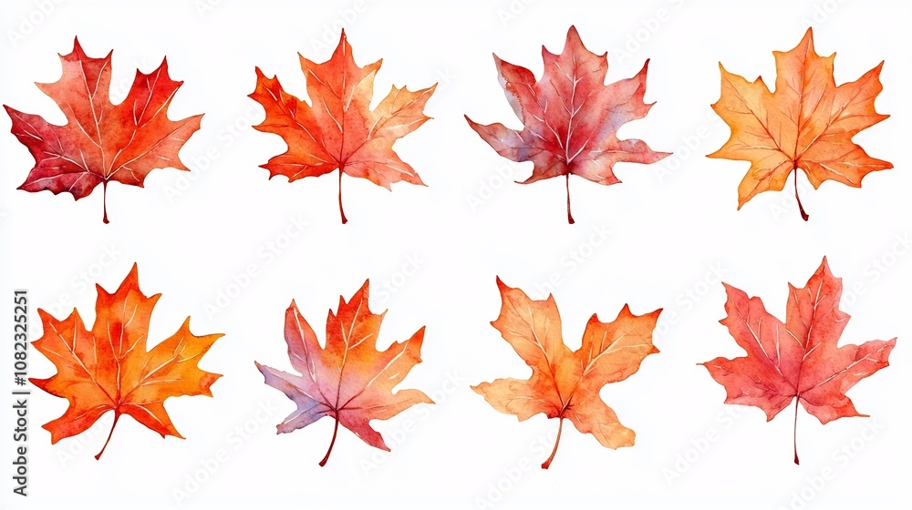 Vibrant Watercolor Autumn Maple Leaves Arranged in Gradient Pattern on White Background Vibrant Watercolor Autumn Maple Leaves Arranged in Gradient Pattern on White Background