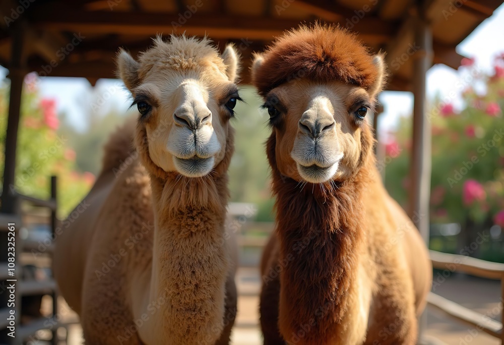 Obraz premium A group of camels standing in an outdoor enclosure with a wooden roof and trees in the background