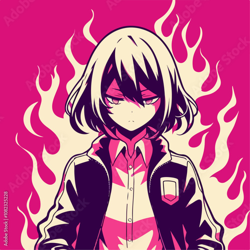 anime character with fire effect isolated on purple background