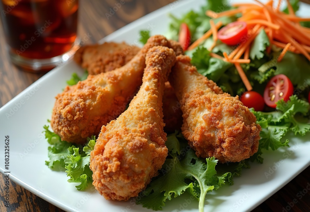 A plate of crispy fried chicken legs with a side of salad and a glass of soda A plate of crispy fried chicken legs with a side of salad and a glass of soda