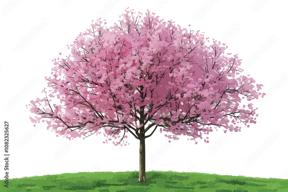 Fototapeta premium Cherry Tree Green Field Single Clipart Isolated