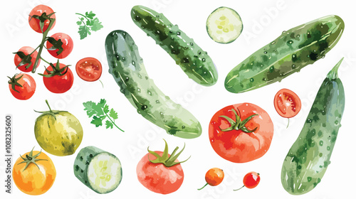 Watercolor Illustration of Cherry Tomatoes and Cucumber Set