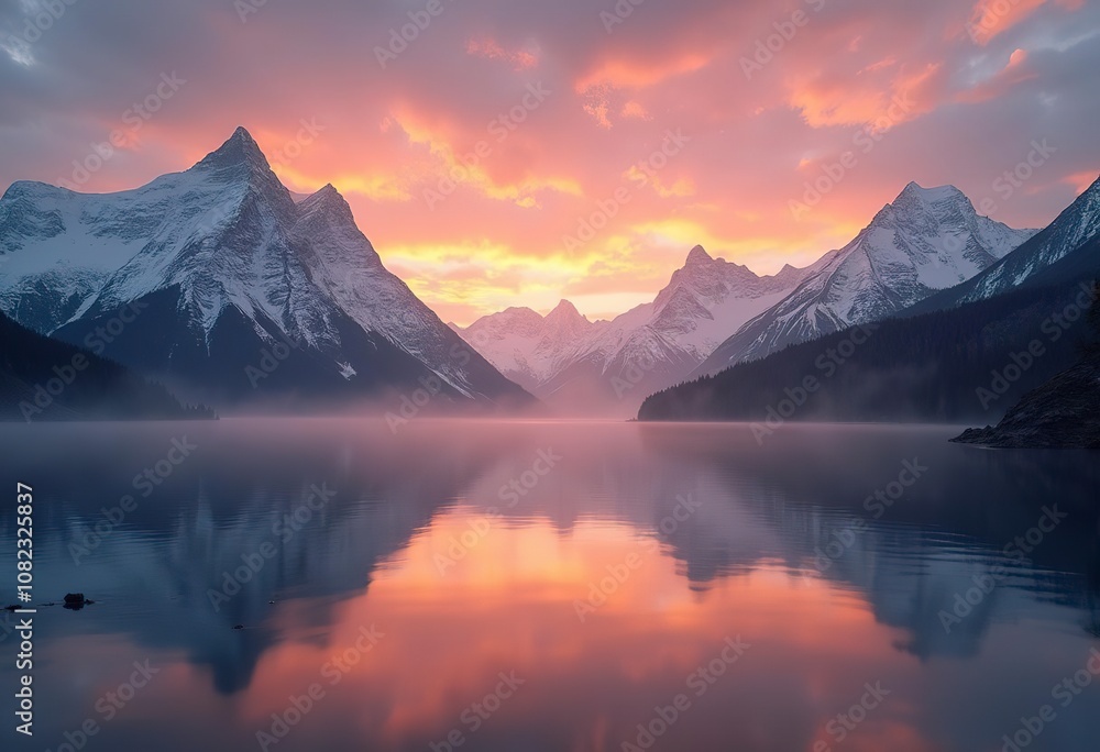A serene mountain lake at sunset, with the peaks of snow-capped mountains reflected in the calm waters A serene mountain lake at sunset, with the peaks of snow-capped mountains reflected in the calm waters