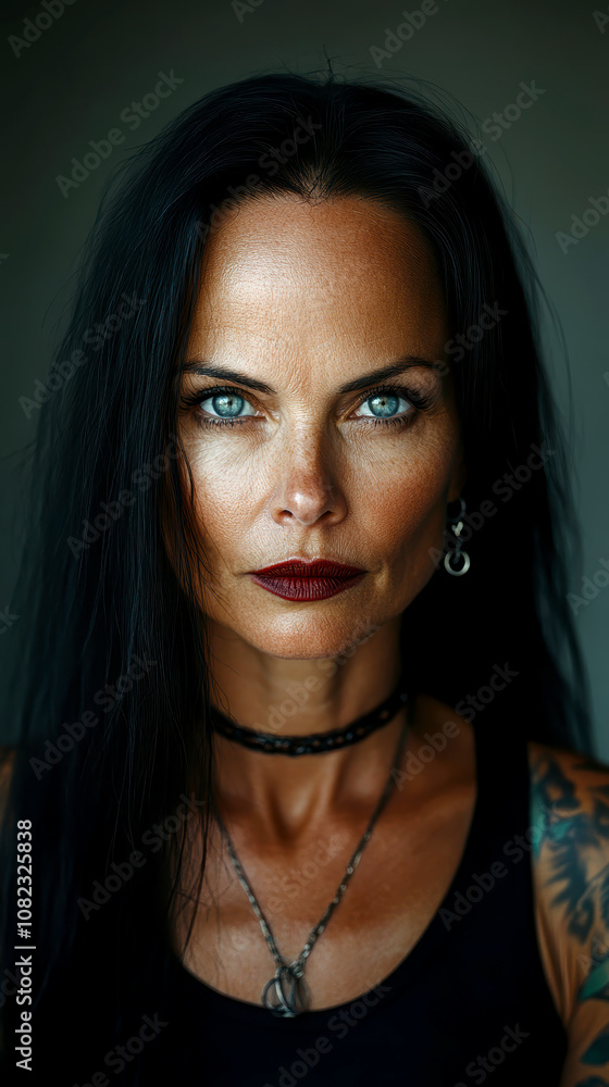 Close-up portrait of a middle-aged woman with black hair, blue eyes and dark red lipstick earrings and necklace. She has tattoos on her arms. AI generative. Close-up portrait of a middle-aged woman with black hair, blue eyes and dark red lipstick earrings and necklace. She has tattoos on her arms. AI generative.