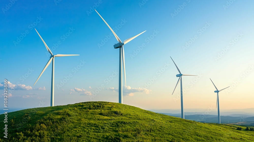 Critical industry concept, Image of wind turbines on a green hill under a clear blue sky, representing renewable energy and sustainable technology. Critical industry concept, Image of wind turbines on a green hill under a clear blue sky, representing renewable energy and sustainable technology.