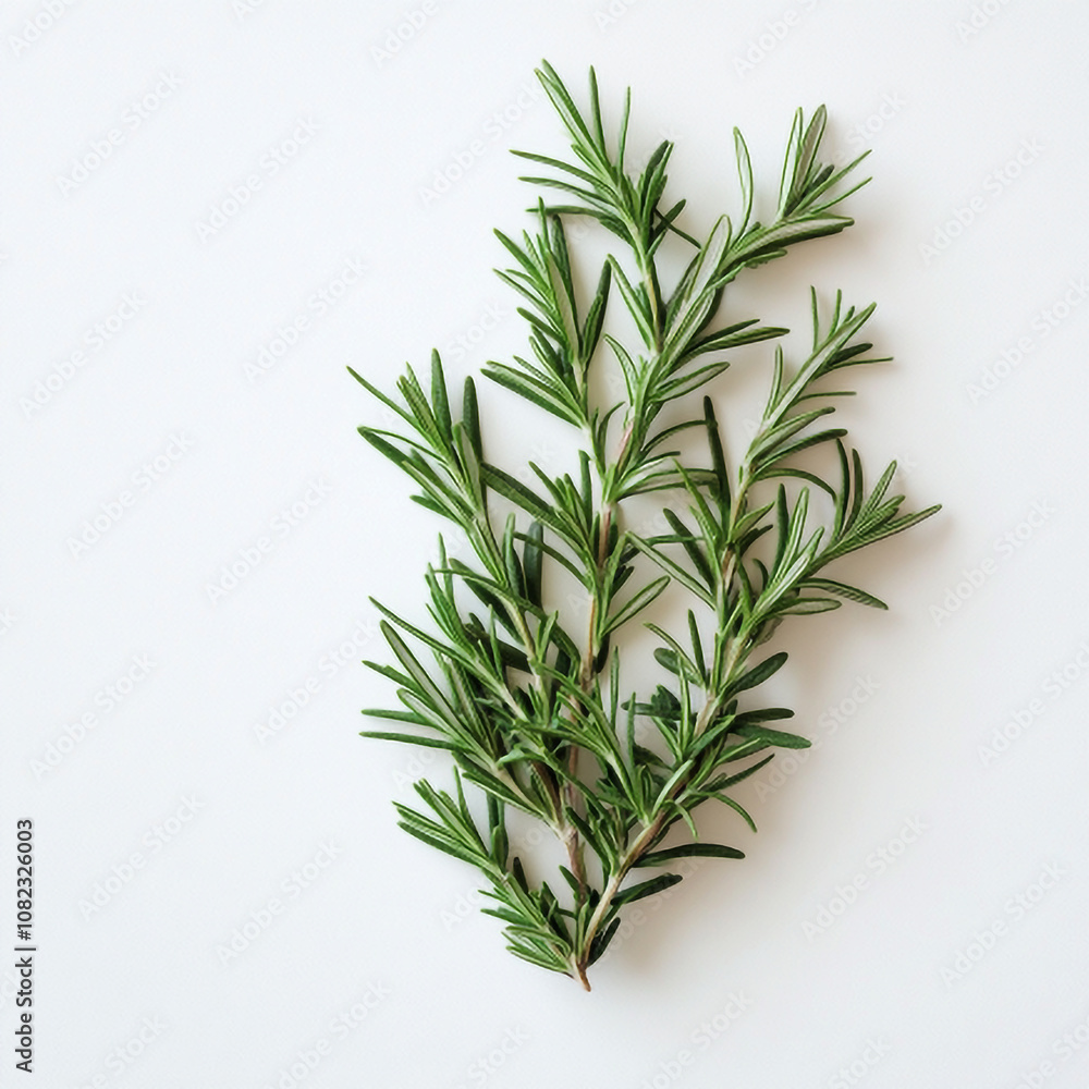 Fototapeta premium Fresh Rosemary Herb Sprigs on White Background, Aromatic Culinary Herb for Cooking, Natural Medicine, and Aromatherapy, Isolated Close-Up of Organic Rosemary