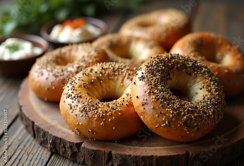 Assortment of freshly baked bagels with various toppings including sesame seeds, poppy seeds, and other spices on a wooden surface