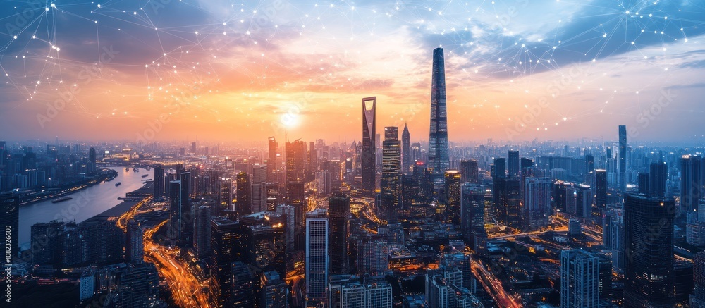 Aerial view of a modern city skyline at sunset with a network of lines connecting buildings. Aerial view of a modern city skyline at sunset with a network of lines connecting buildings.