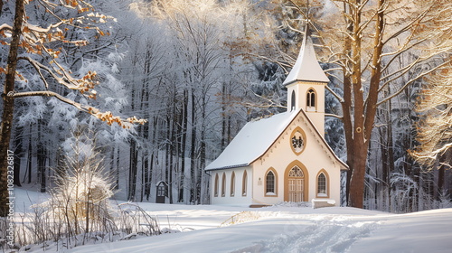 A quaint country church nestled among snow-covered trees, with a light dusting of snow on its roof. Christmas and New year greeting card background. Winter holiday banner for web social media