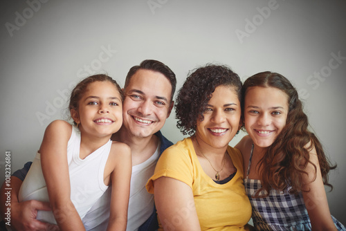 Portrait, smile and parents with children house for love, security and bonding together of relationship. Happy, kids and family with support for care, comfort and connection of childhood development