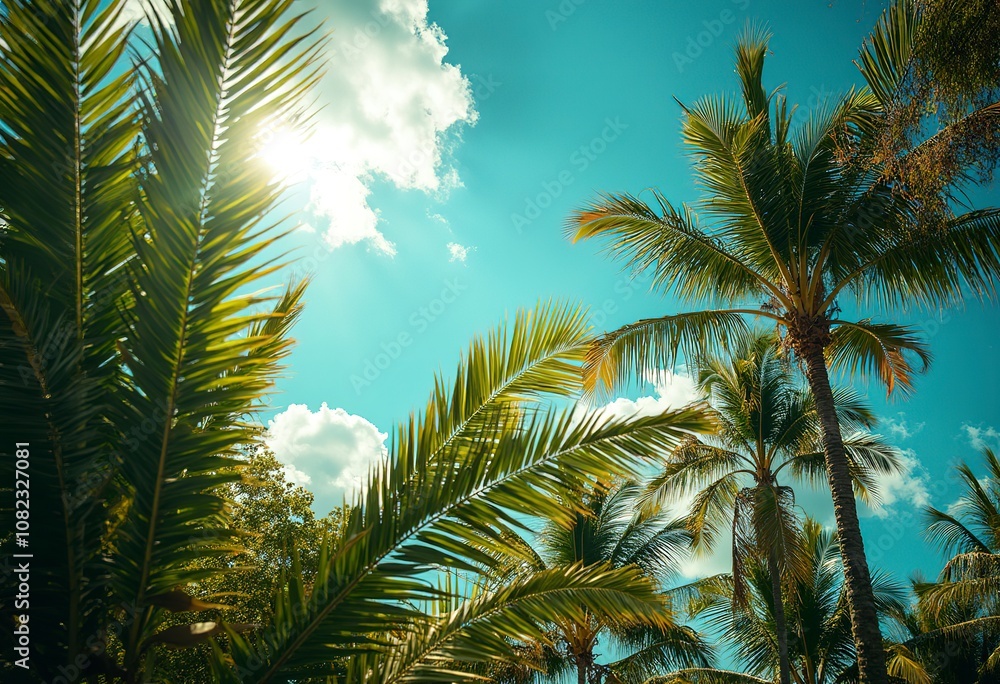 Palm tree leaves against a blue sky with clouds Palm tree leaves against a blue sky with clouds