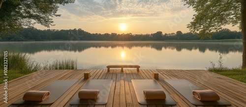 Three yoga mats on a wooden deck overlooking a serene lake at sunrise. photo