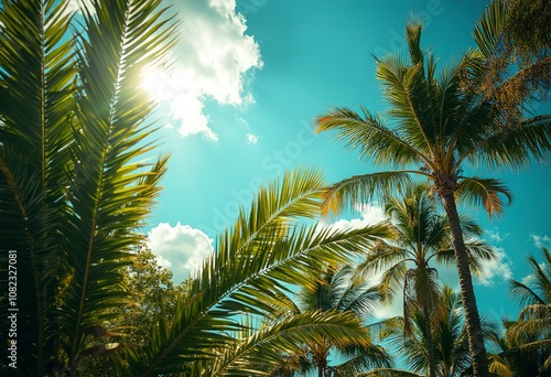 Palm tree leaves against a blue sky with clouds