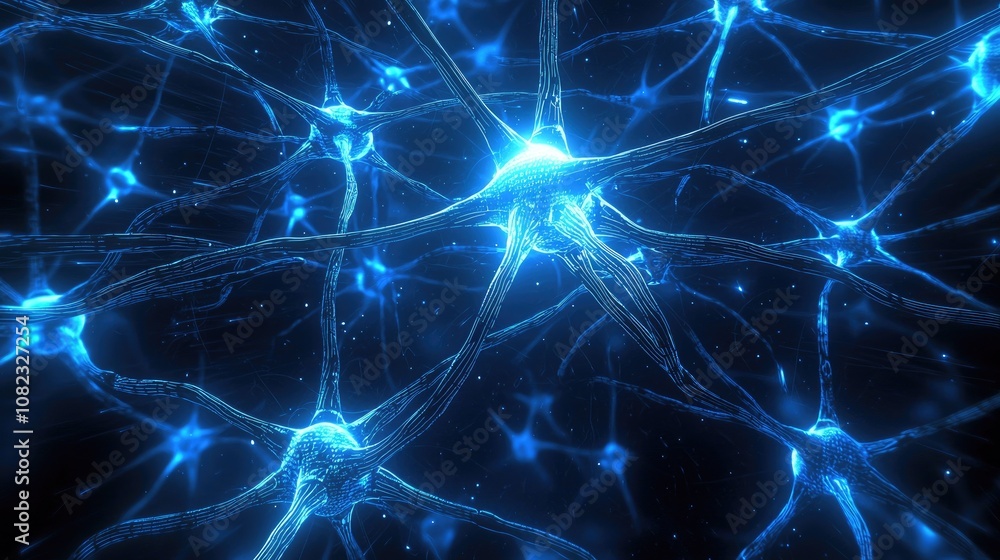 Microscopic View of Neurons with Luminous Blue Light, Showing Complex Neural Networks and Connections in a Digital and Scientific Background Microscopic View of Neurons with Luminous Blue Light, Showing Complex Neural Networks and Connections in a Digital and Scientific Background